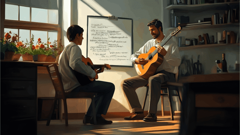 Beginner student learning how to play guitar with acoustic instrument